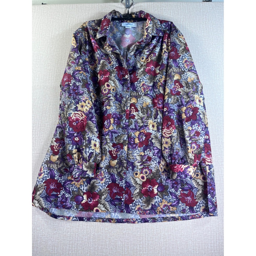 Aimee of California Vintage Floral Leopard Print Button Front Tunic Blouse 38